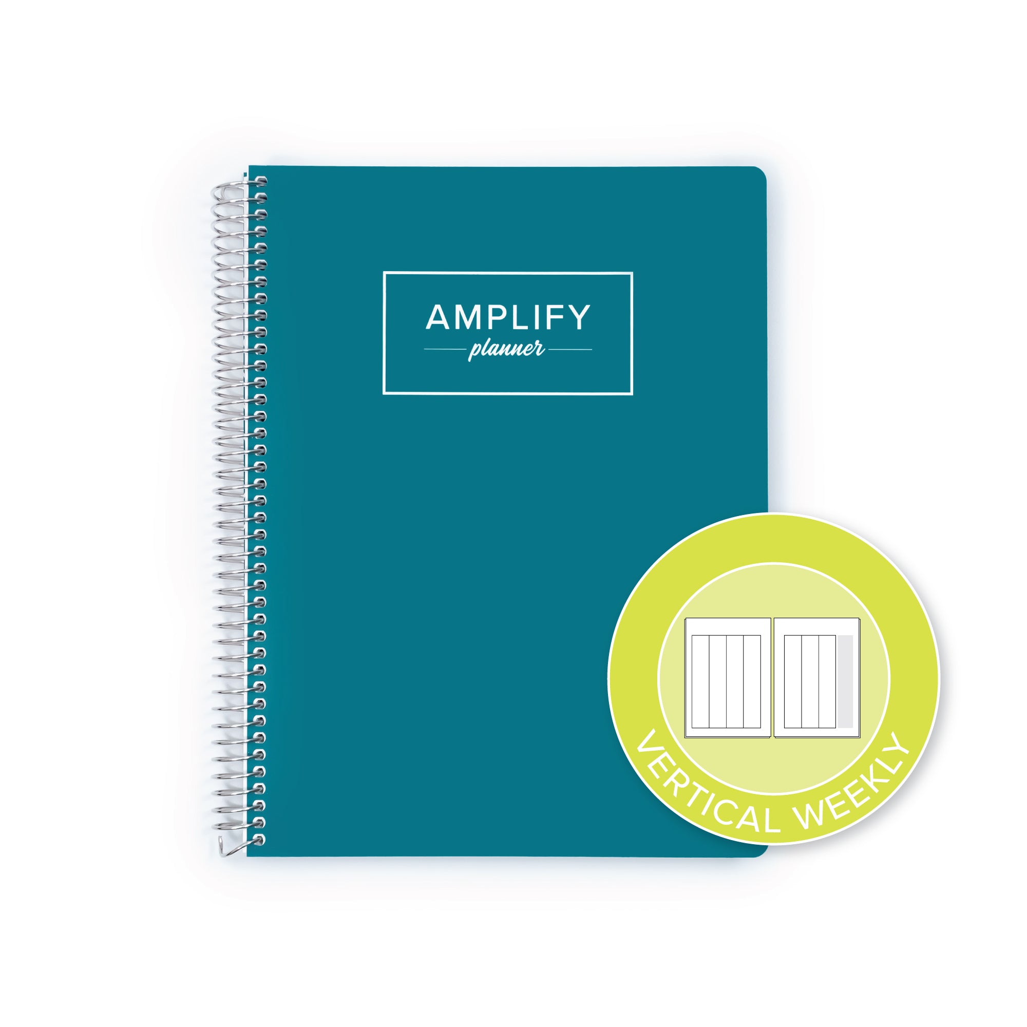 A teal spiral-bound planner labeled 'AMPLIFY planner' with a lime green circular badge reading 'VERTICAL WEEKLY' on a white background.