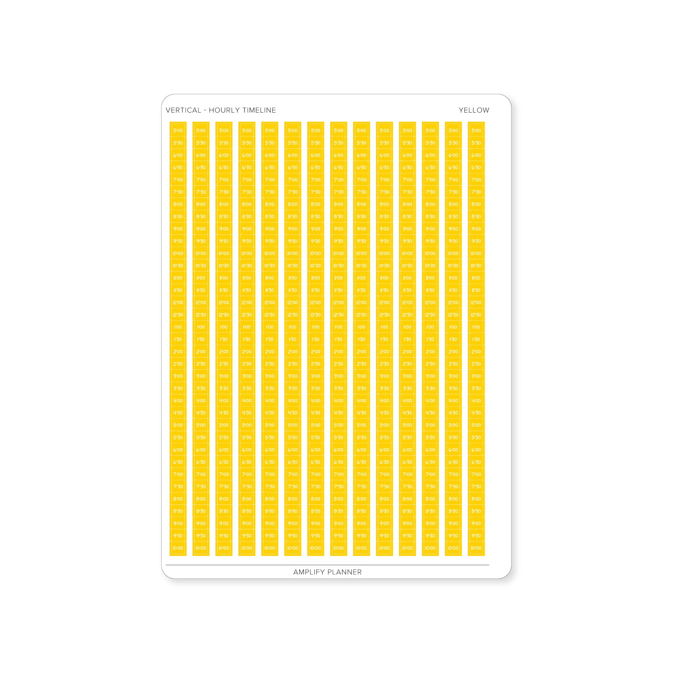 Yellow Hourly Timeline Stickers perfect for time-blocking in a vertical weekly layout.