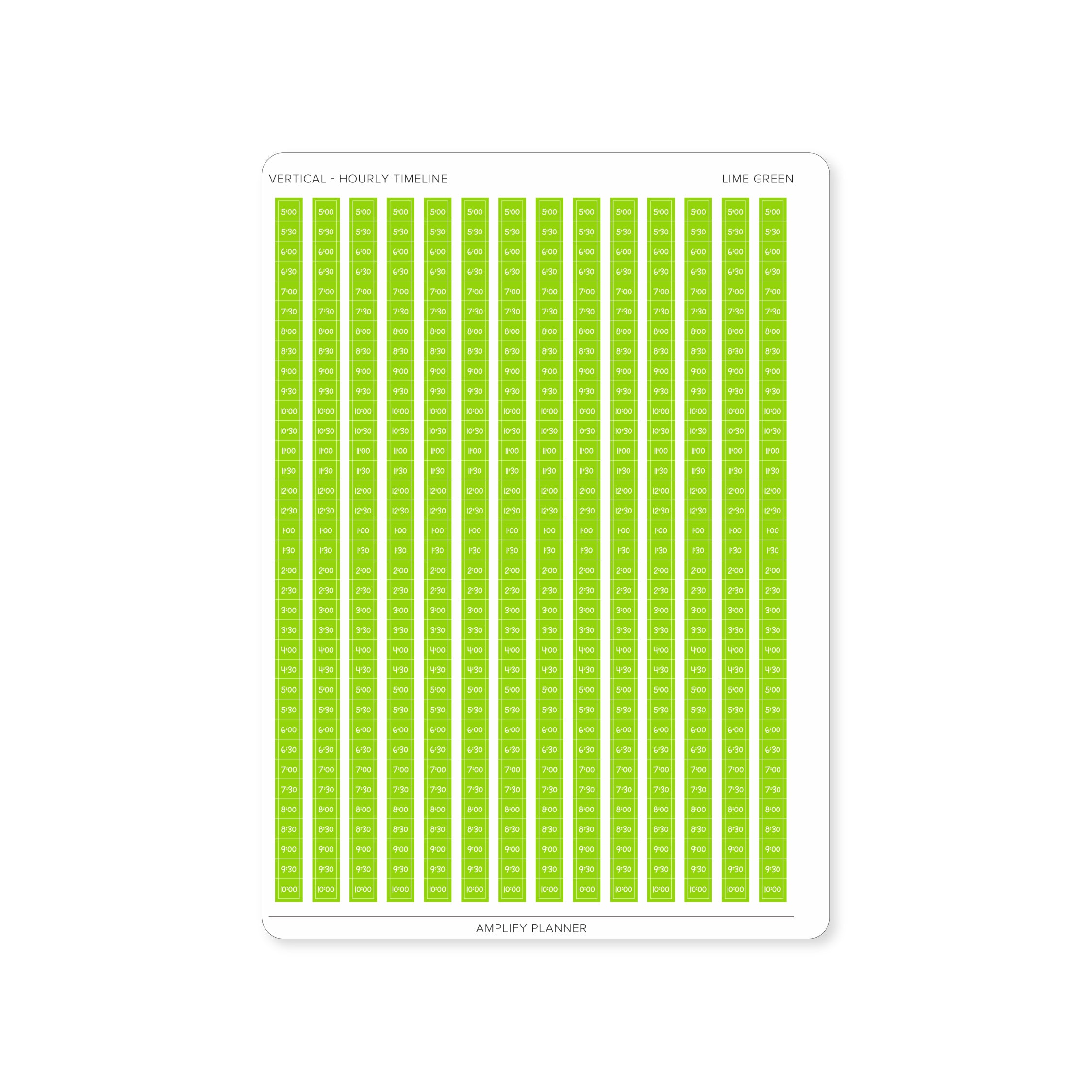 Lime Green Hourly Timeline Stickers ideal for vibrant weekly planning layouts.