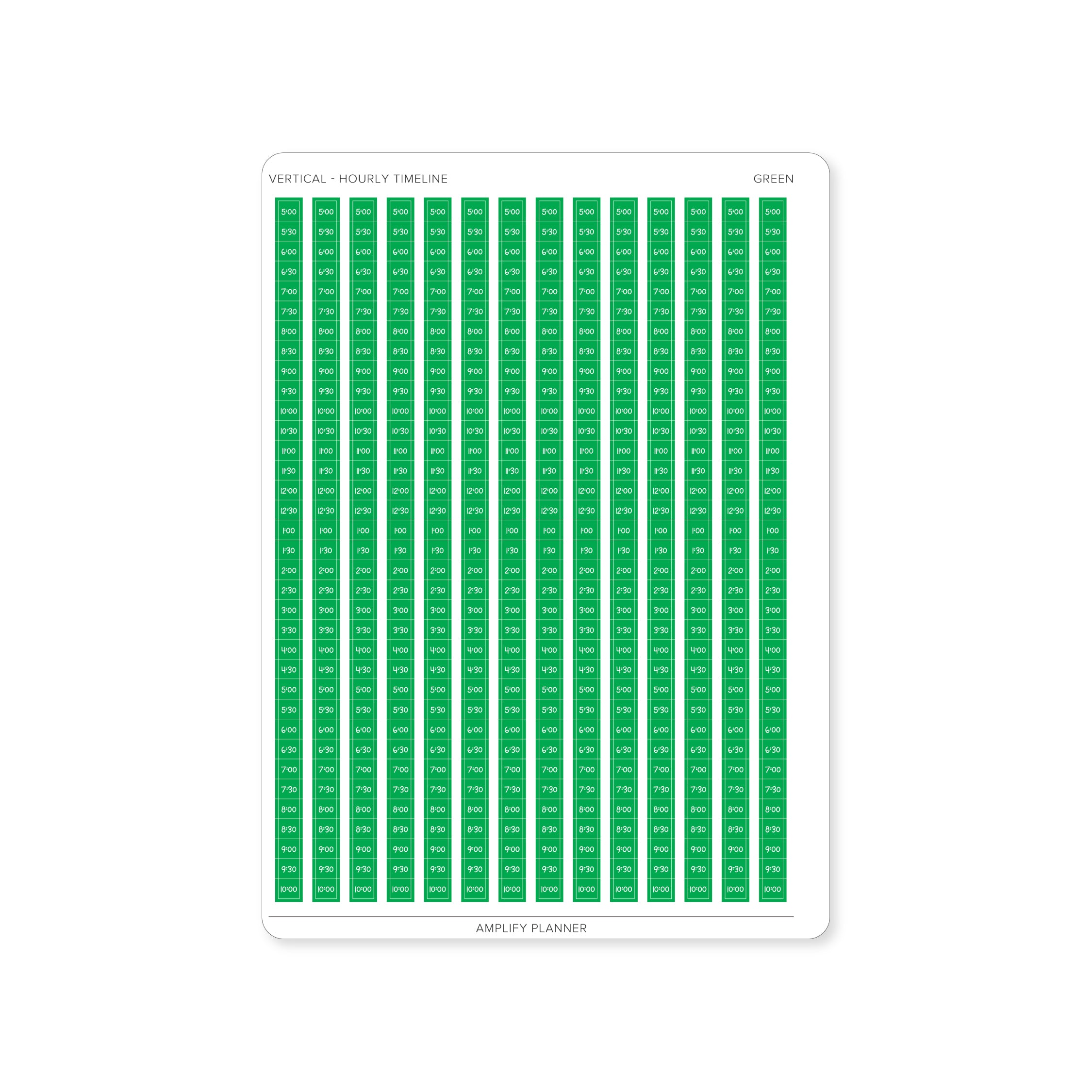 Green Hourly Timeline Stickers that enhance organization in a vertical weekly layout.