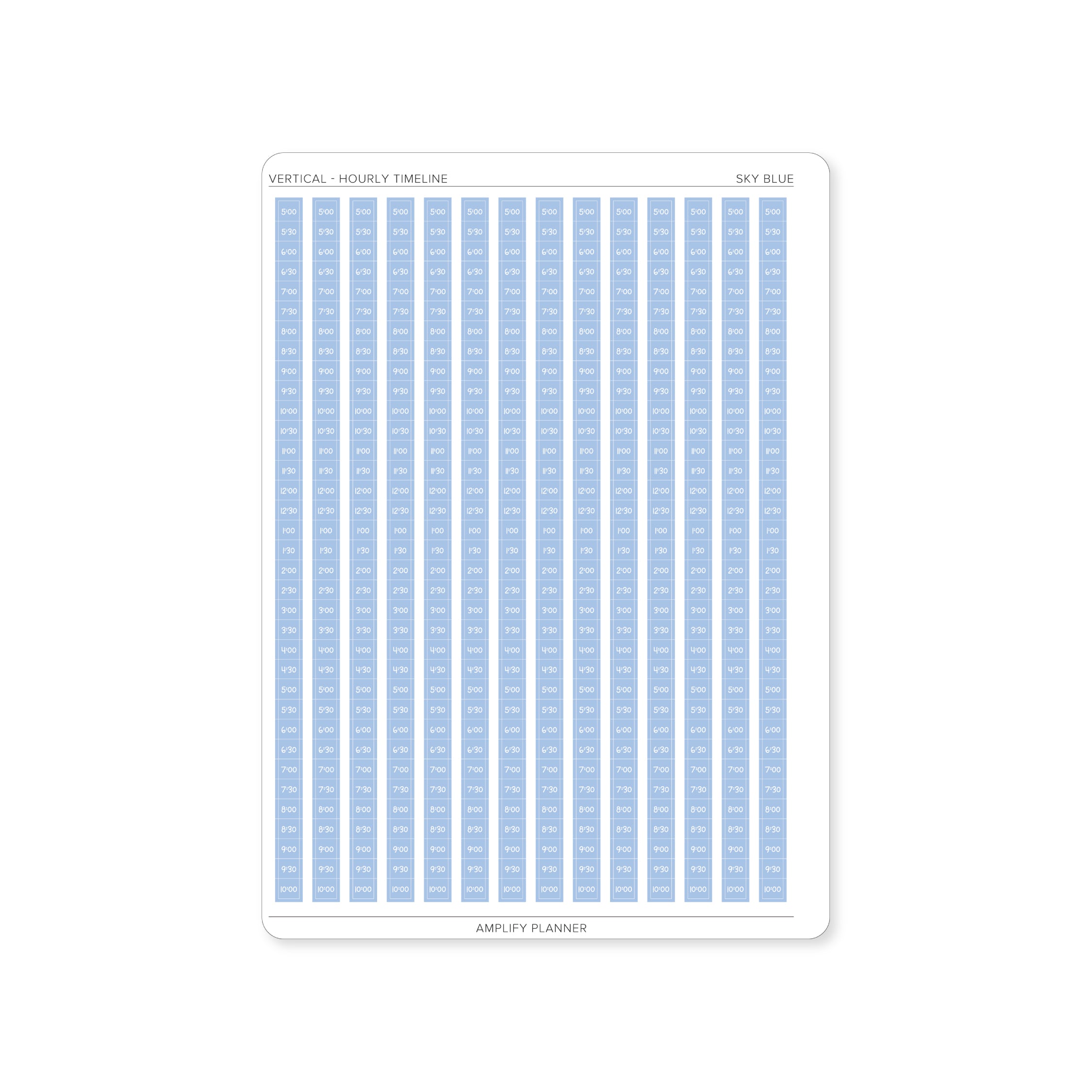 Sky Blue Hourly Timeline Stickers that facilitate easy scheduling in a vertical layout.