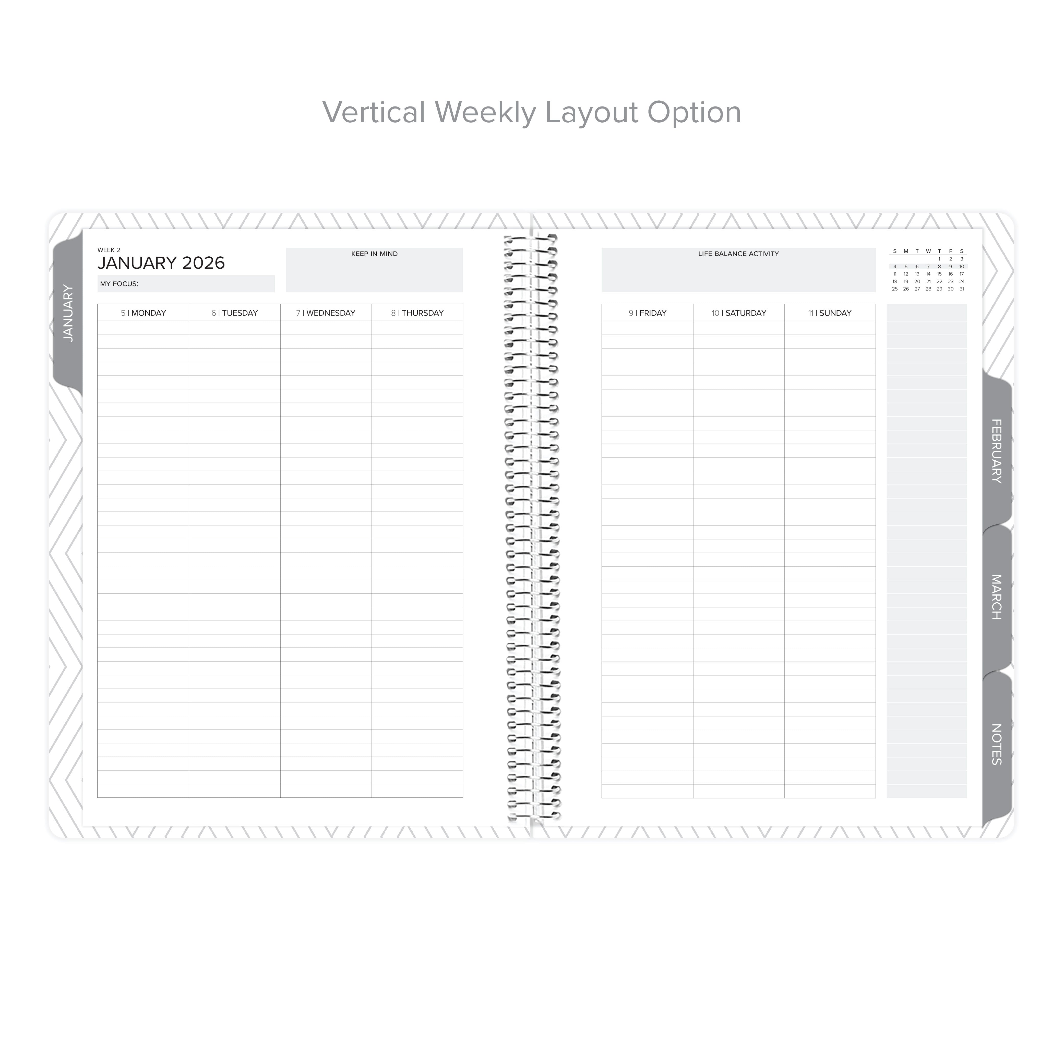 Vertical Weekly layout option in the Daily Planner - January-March 2026, providing space for structured scheduling.