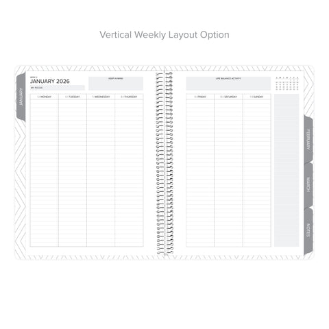Vertical Weekly layout option in the Daily Planner - January-March 2026, providing space for structured scheduling.