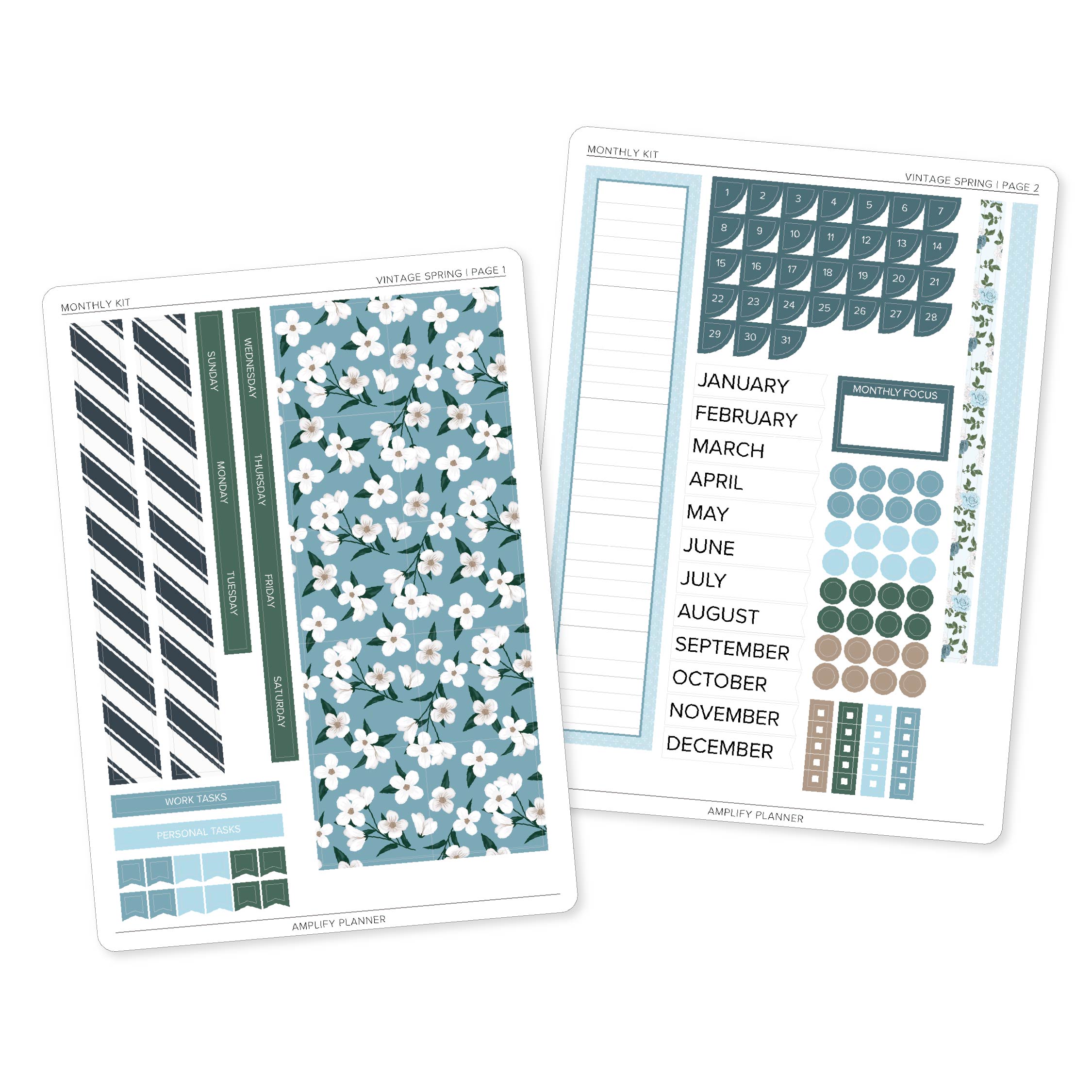 Vintage Spring Monthly Sticker Kit for planners featuring white floral stickers, dusty blue accents, muted green headers, and functional monthly planning stickers.