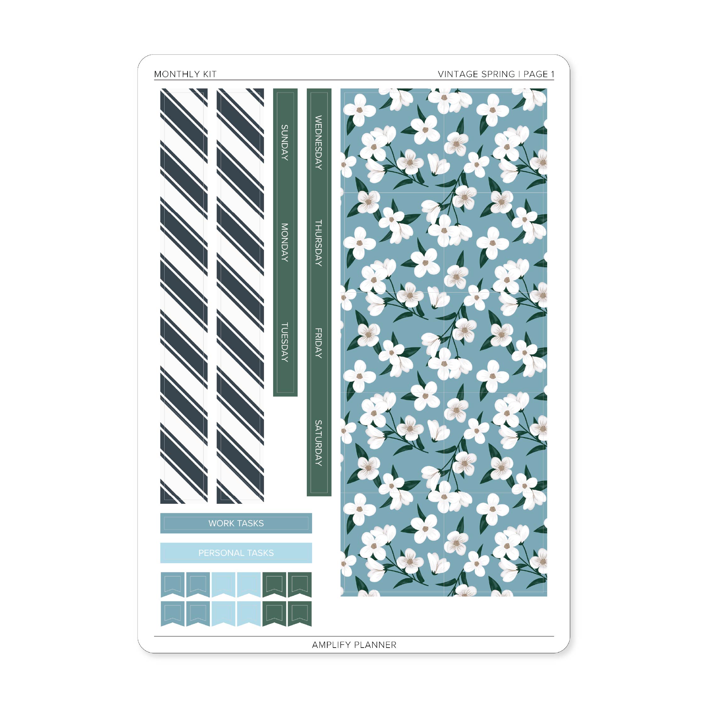 Vintage Spring Monthly Sticker Kit page 1 featuring floral monthly box covers, green day-of-the-week headers, flags, and task stickers.