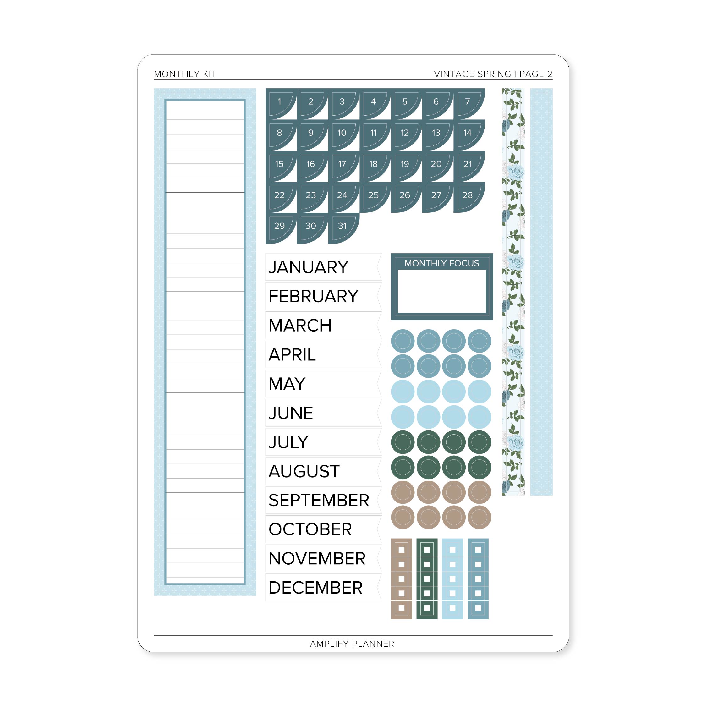 Vintage Spring Monthly Sticker Kit page 2 featuring date covers, monthly labels, decorative circles, checklist stickers, and floral washi strips.