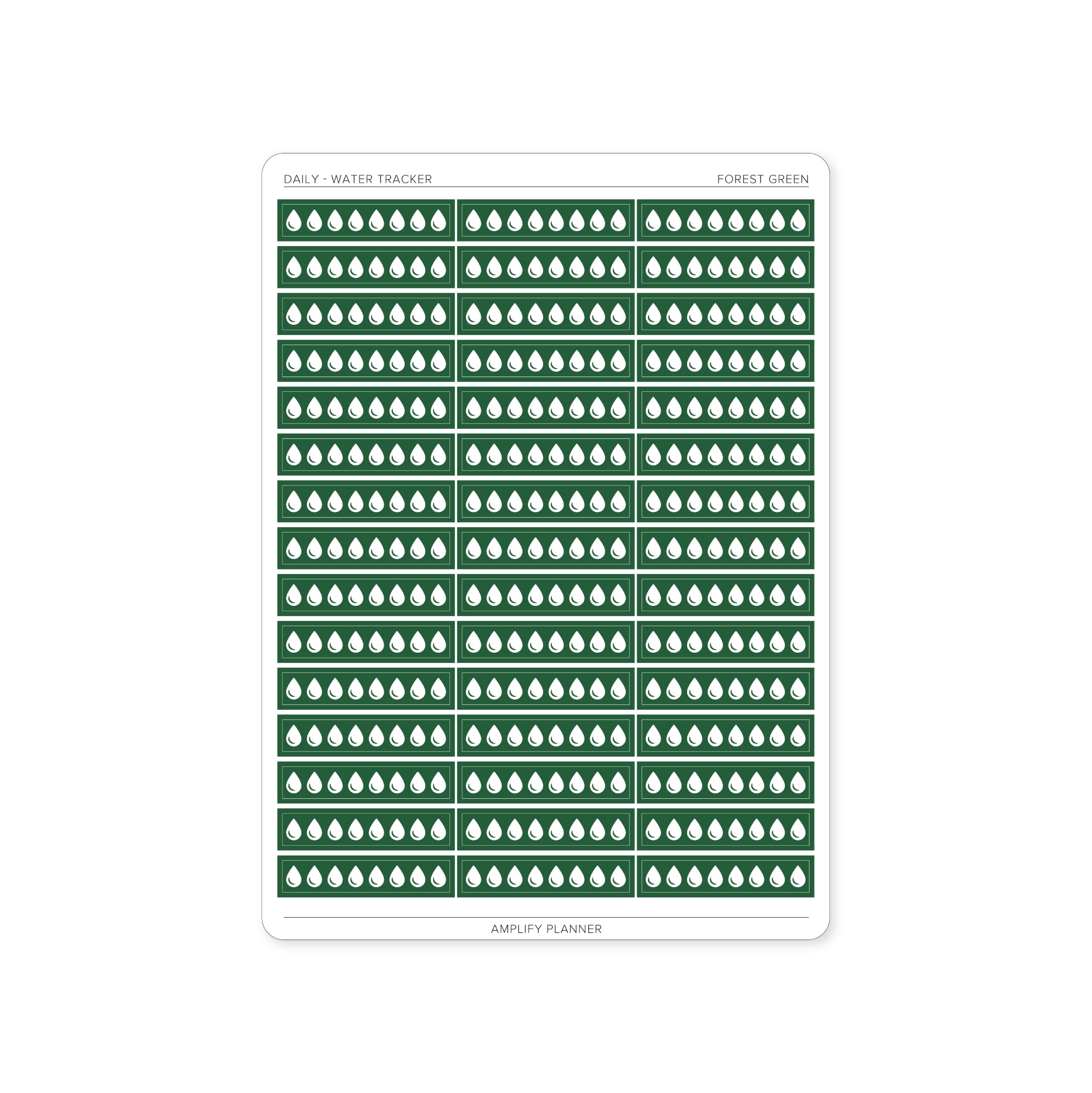Forest green Water Tracker Stickers to assist in achieving daily water intake goals within planners.