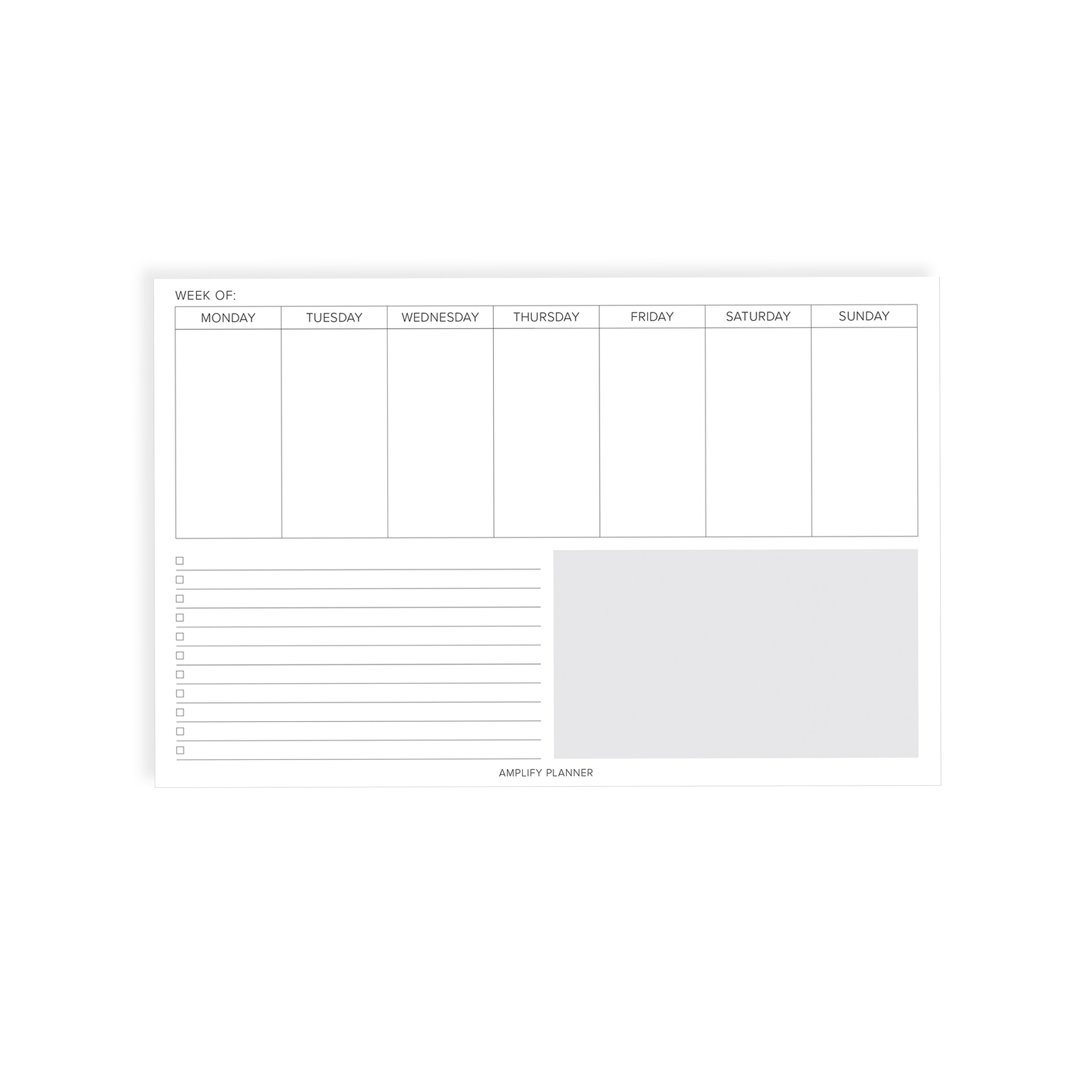 Weekly Notepad design featuring a clean layout with sections for each day of the week, a task list, and an open space for notes. Ideal for organizing weekly tasks and schedules by Amplify Planner.
