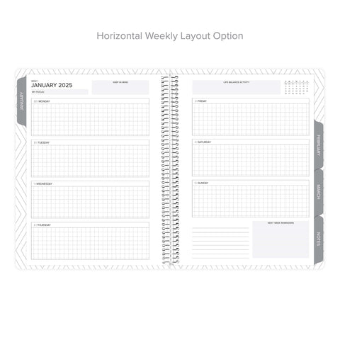 Horizontal weekly layout for detailed scheduling in daily Q1 Amplify Planner.