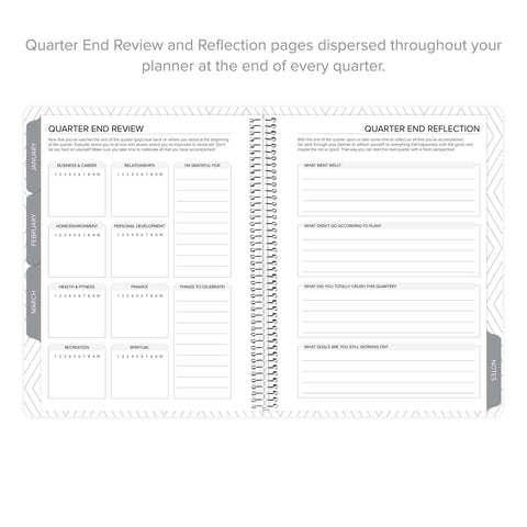 Quarter end review pages for reflection in daily Amplify Planner, Q1 2025.