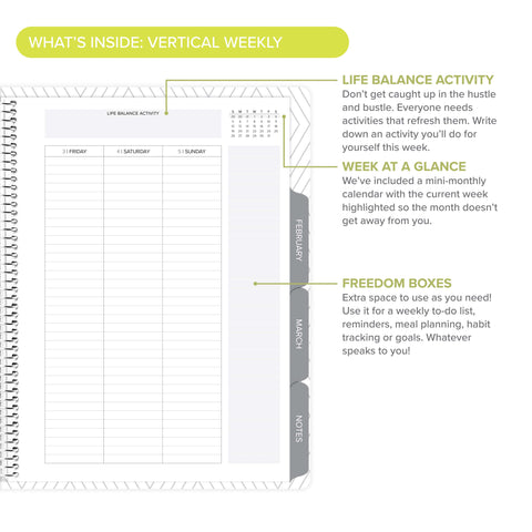 Right side of vertical weekly layout with callouts in daily Amplify Planner, January-March 2025.