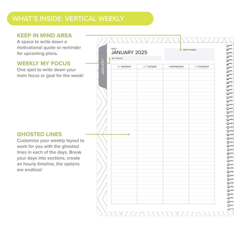 Left side of vertical weekly layout with callouts in daily Amplify Planner, Q1 2025.