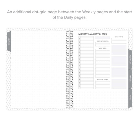 Dot grid notes page and first Monday daily layout in daily Q1 2025 Amplify Planner.