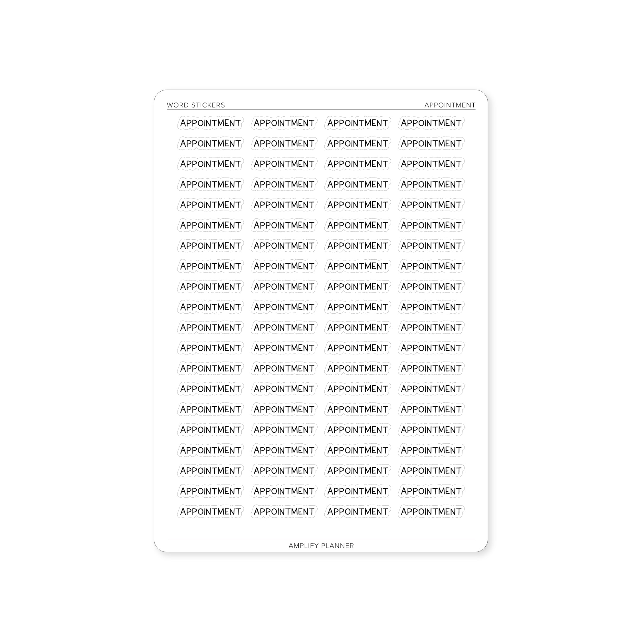 Appointment Word Stickers sheet featuring repetitive bold black text of the word 'Appointment' on a clean white background, ideal for organizing schedules and reminders.