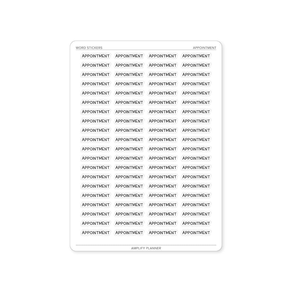 Appointment Word Stickers sheet featuring repetitive bold black text of the word 'Appointment' on a clean white background, ideal for organizing schedules and reminders.
