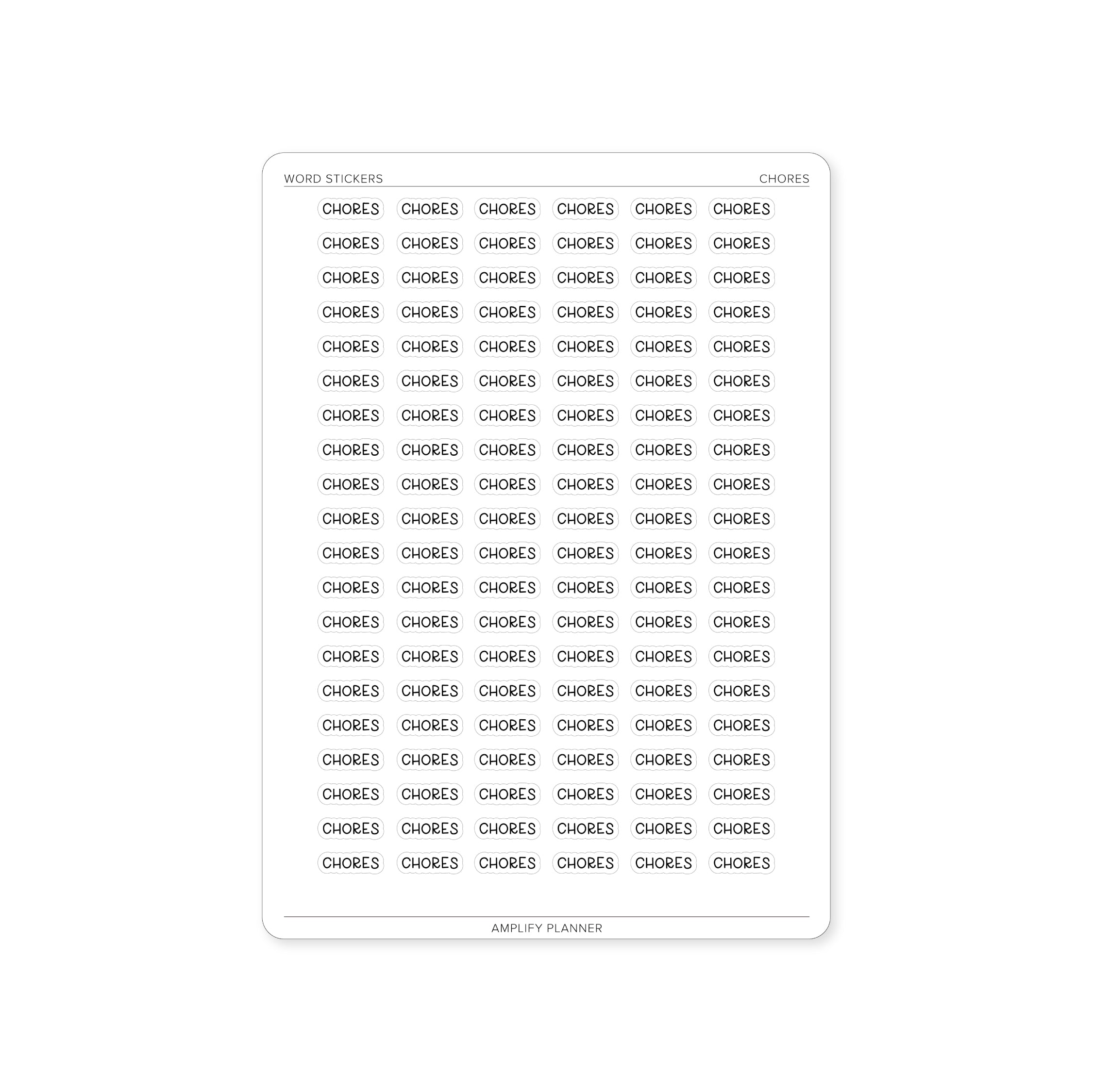 Chores Word Stickers sheet featuring multiple stickers labeled 'CHORES' from Amplify Planner, designed for organizing household tasks.