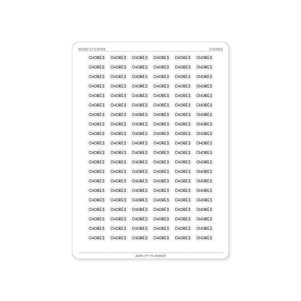Chores Word Stickers sheet featuring multiple stickers labeled 'CHORES' from Amplify Planner, designed for organizing household tasks.