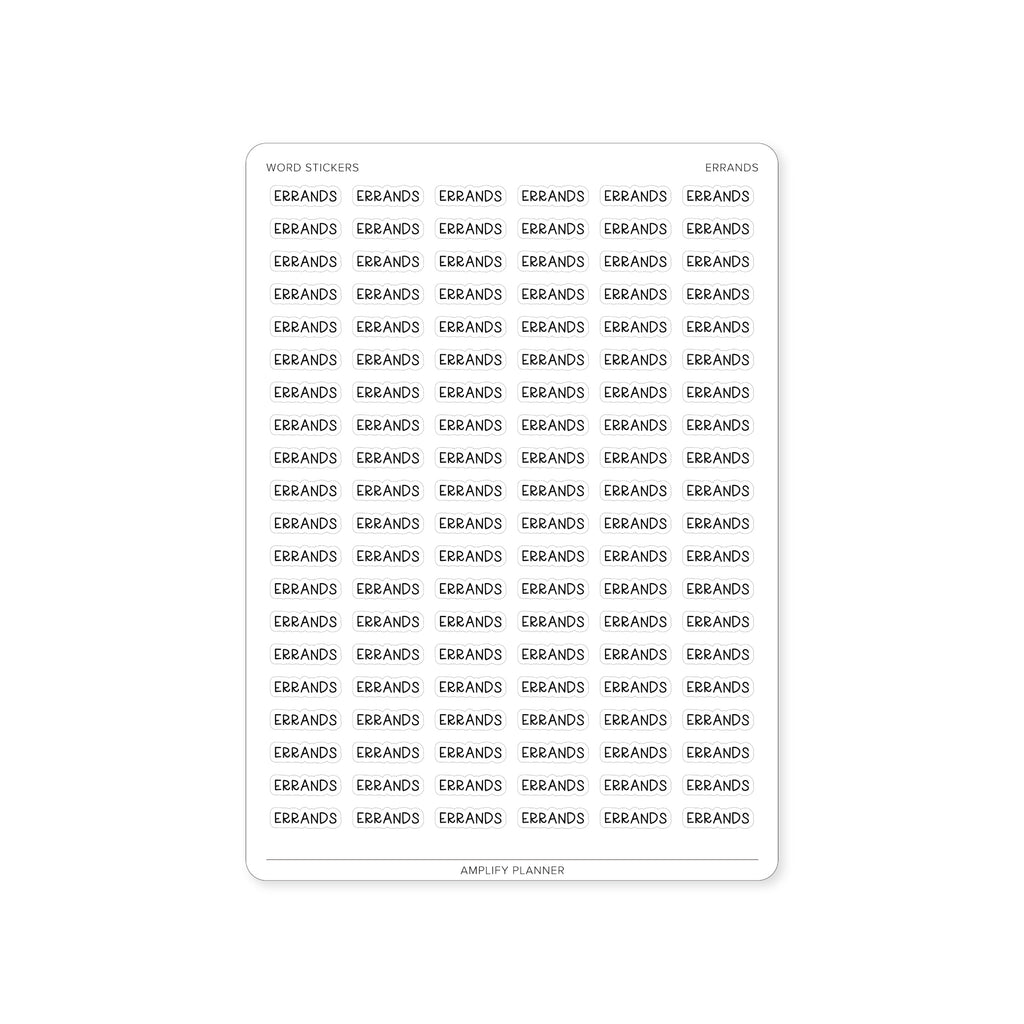 Errands Word Stickers sheet featuring repeated 'ERRANDS' design by Amplify Planner, perfect for organizing tasks in your planner.