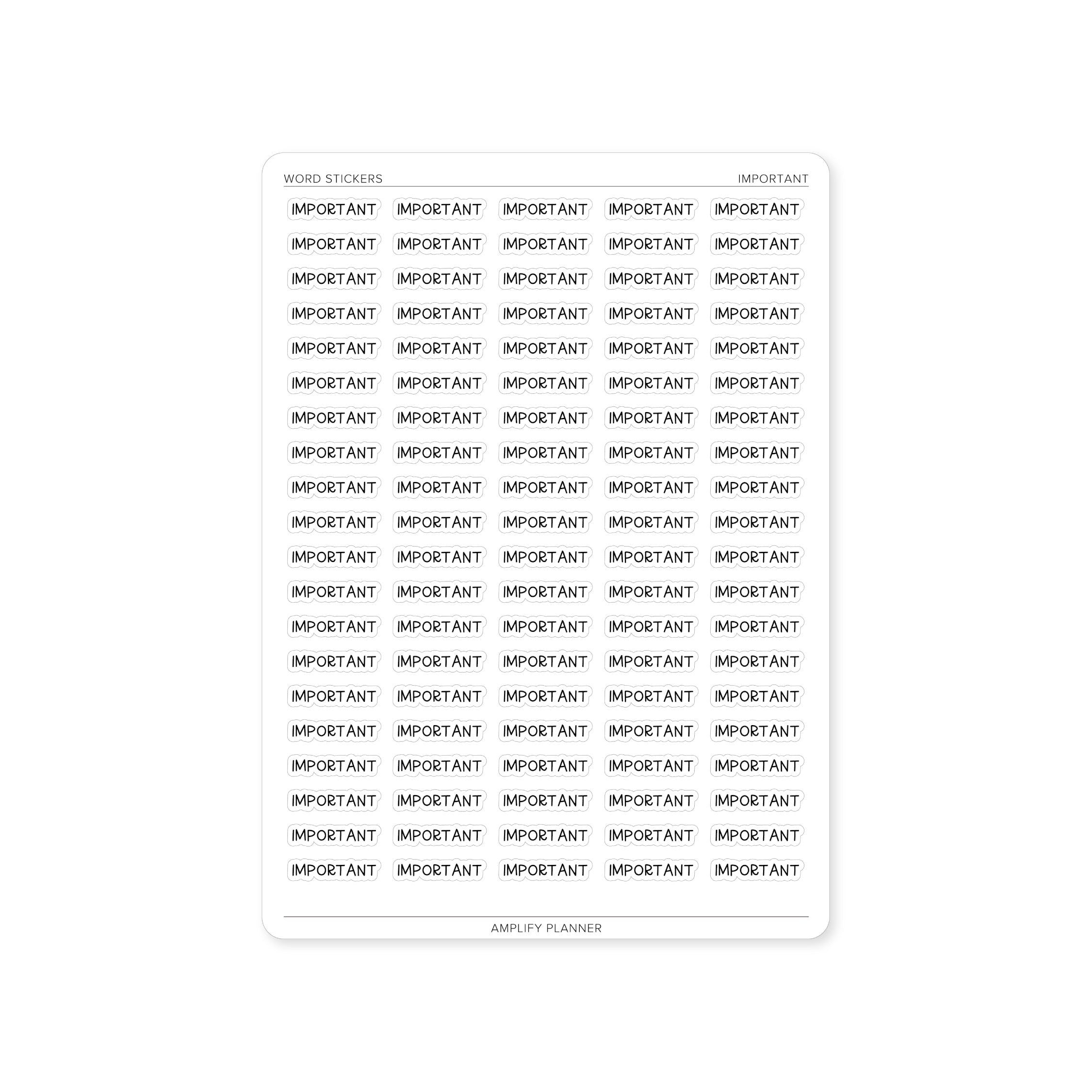 Important Word Stickers sheet featuring bold black text on a white background, displaying the word 'IMPORTANT' multiple times, ideal for highlighting priority tasks.
