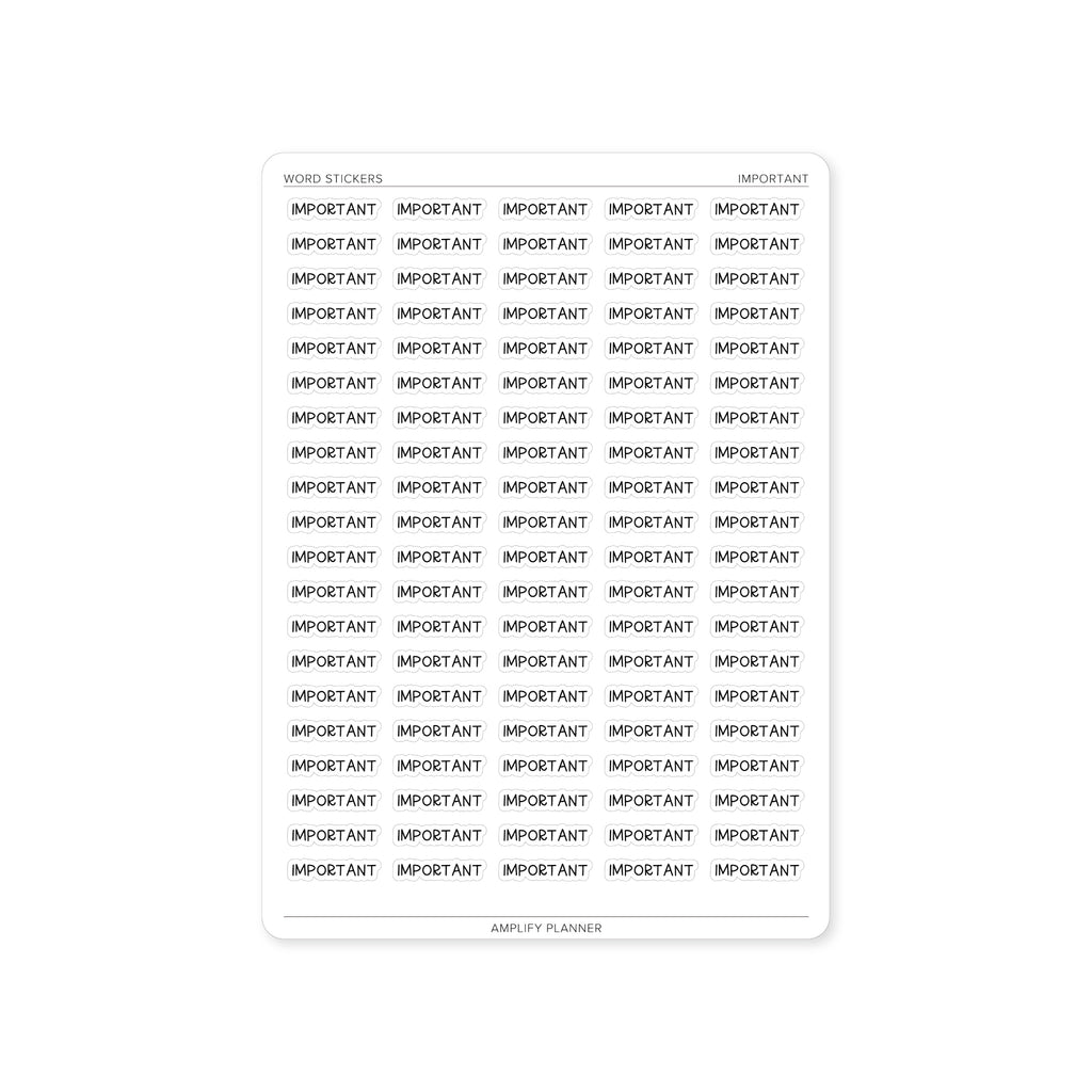 Important Word Stickers sheet featuring bold black text on a white background, displaying the word 'IMPORTANT' multiple times, ideal for highlighting priority tasks.