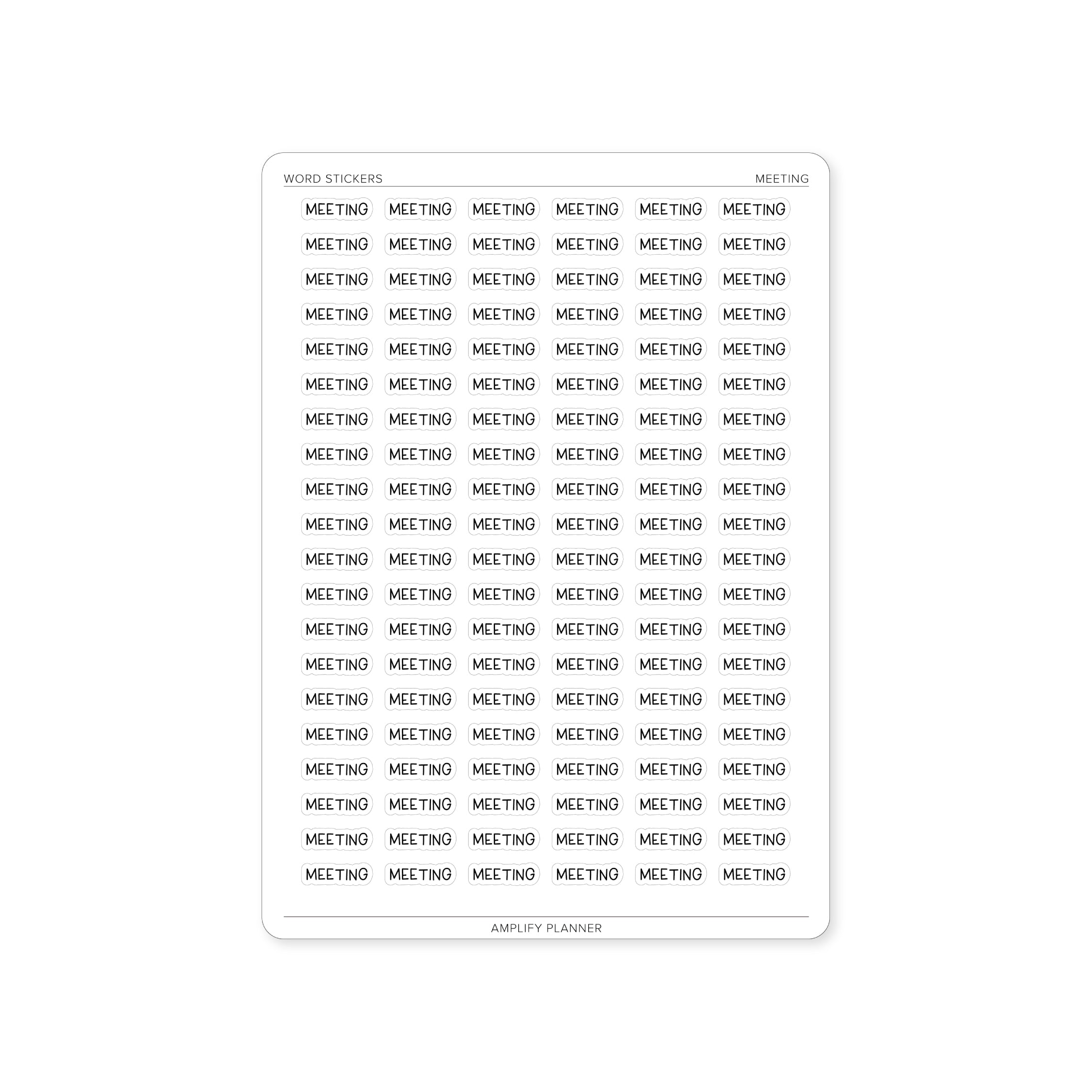 Meeting Word Stickers showcasing a sheet with multiple 'Meeting' labels in a clean black font on a white background, ideal for planning and organization.