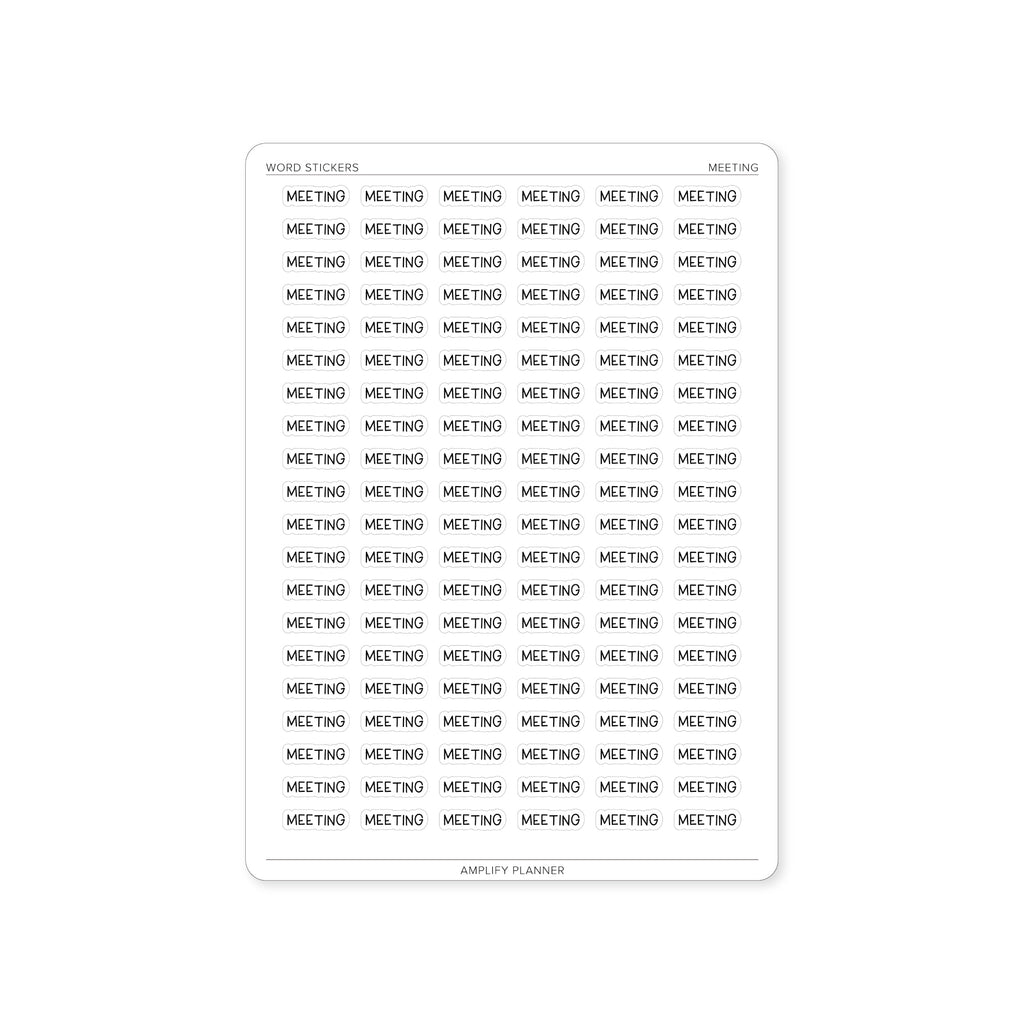 Meeting Word Stickers showcasing a sheet with multiple 'Meeting' labels in a clean black font on a white background, ideal for planning and organization.