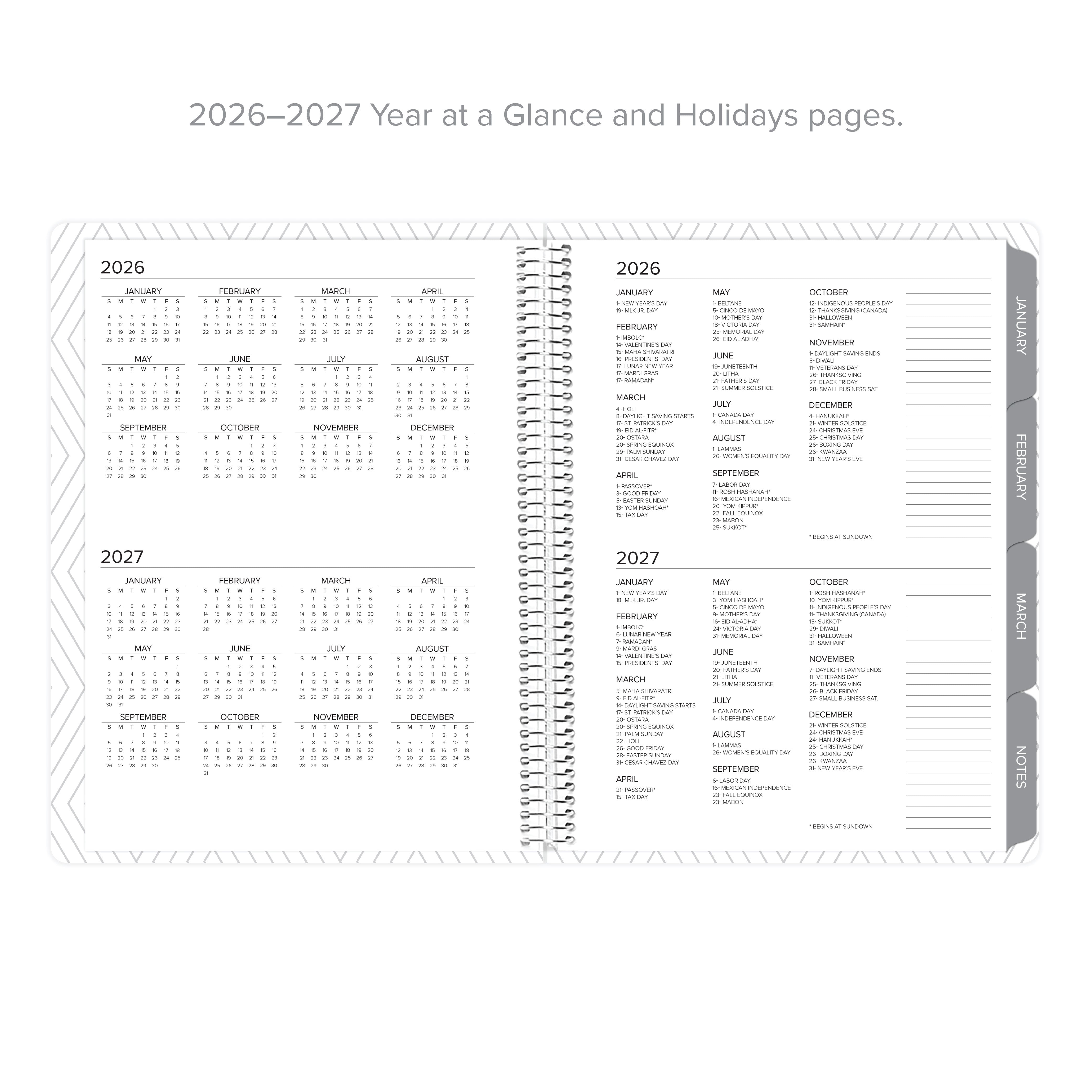 Inside pages of the Daily Planner - January-March 2026, showcasing the Year at a Glance and Holidays sections with organized calendars for 2026 and 2027.