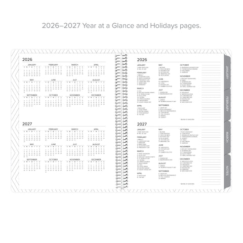 Inside pages of the Daily Planner - January-March 2026, showcasing the Year at a Glance and Holidays sections with organized calendars for 2026 and 2027.